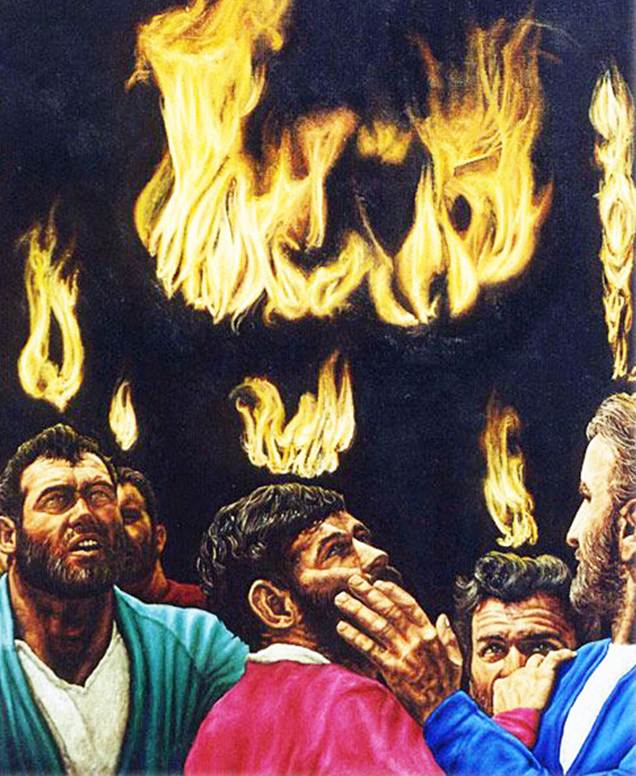 Una pintura artística que representa a los apóstoles de Jesucristo en el acto de recibir el poder del Espíritu Santo simbolizado por llamas amarillas de fuego que aparecen sobre la cabeza de cada uno.