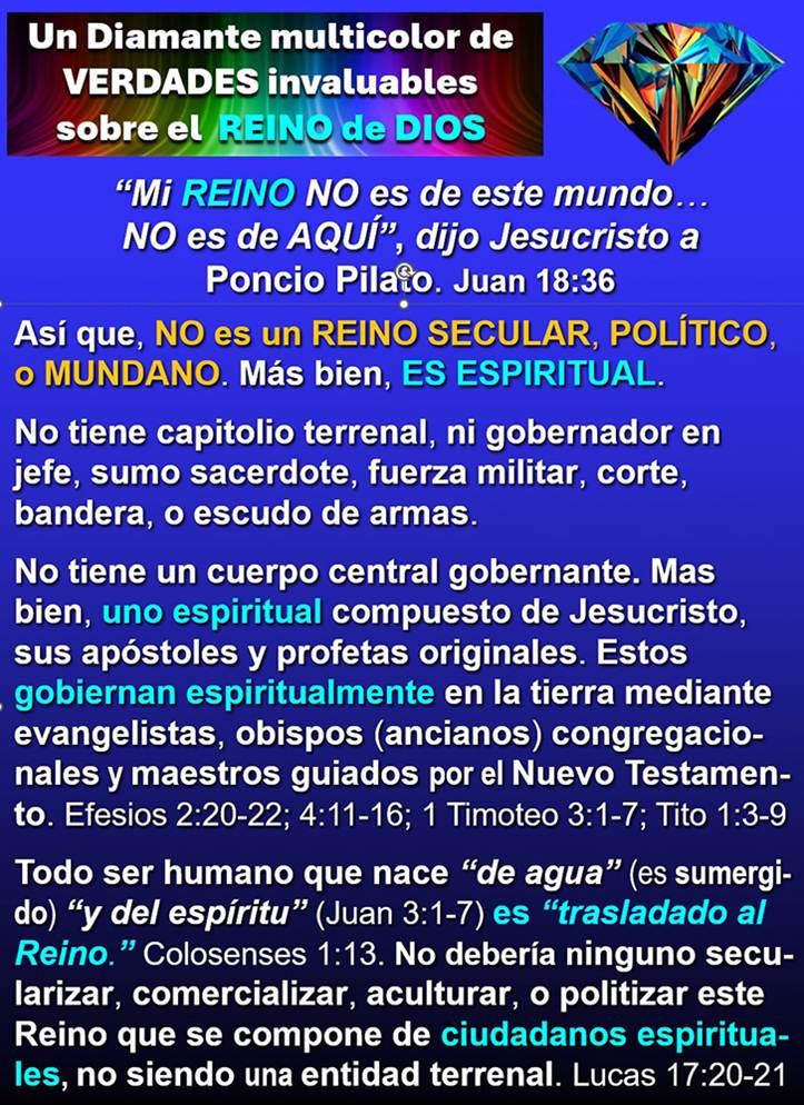 Una gráfica PowerPoint de trasfondo de azul brillante con un diamante multicolor que representa verdades sobre el Reino Espiritual de Dios, con textos concisos relevantes en el cuadro.